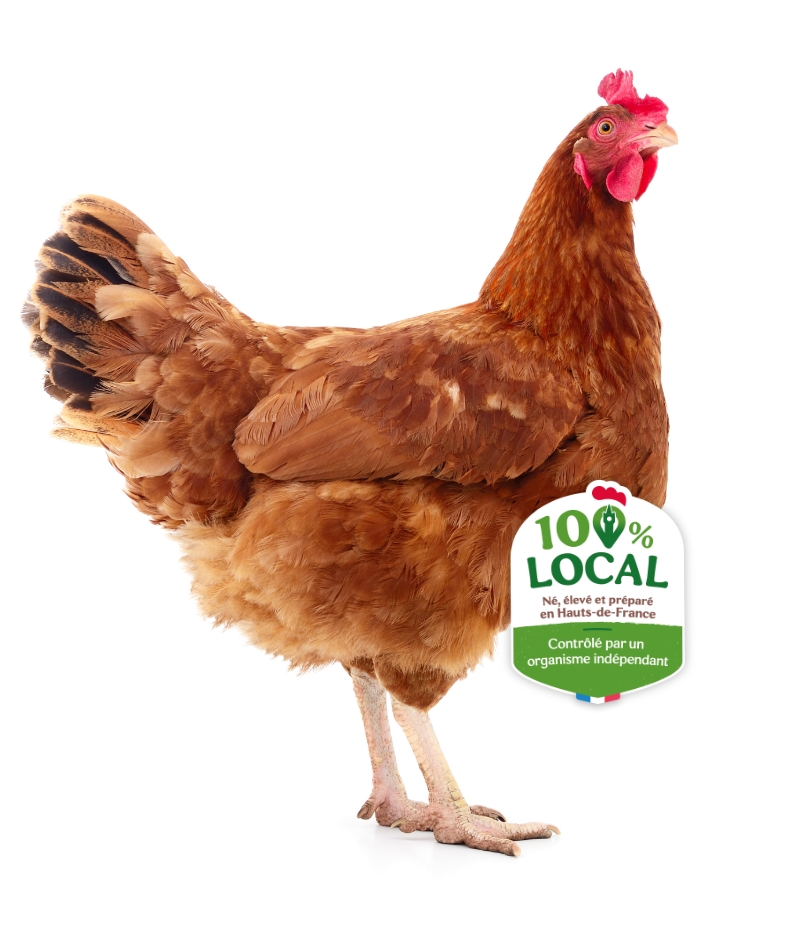 Un poulet roux avec un sticker 100% local